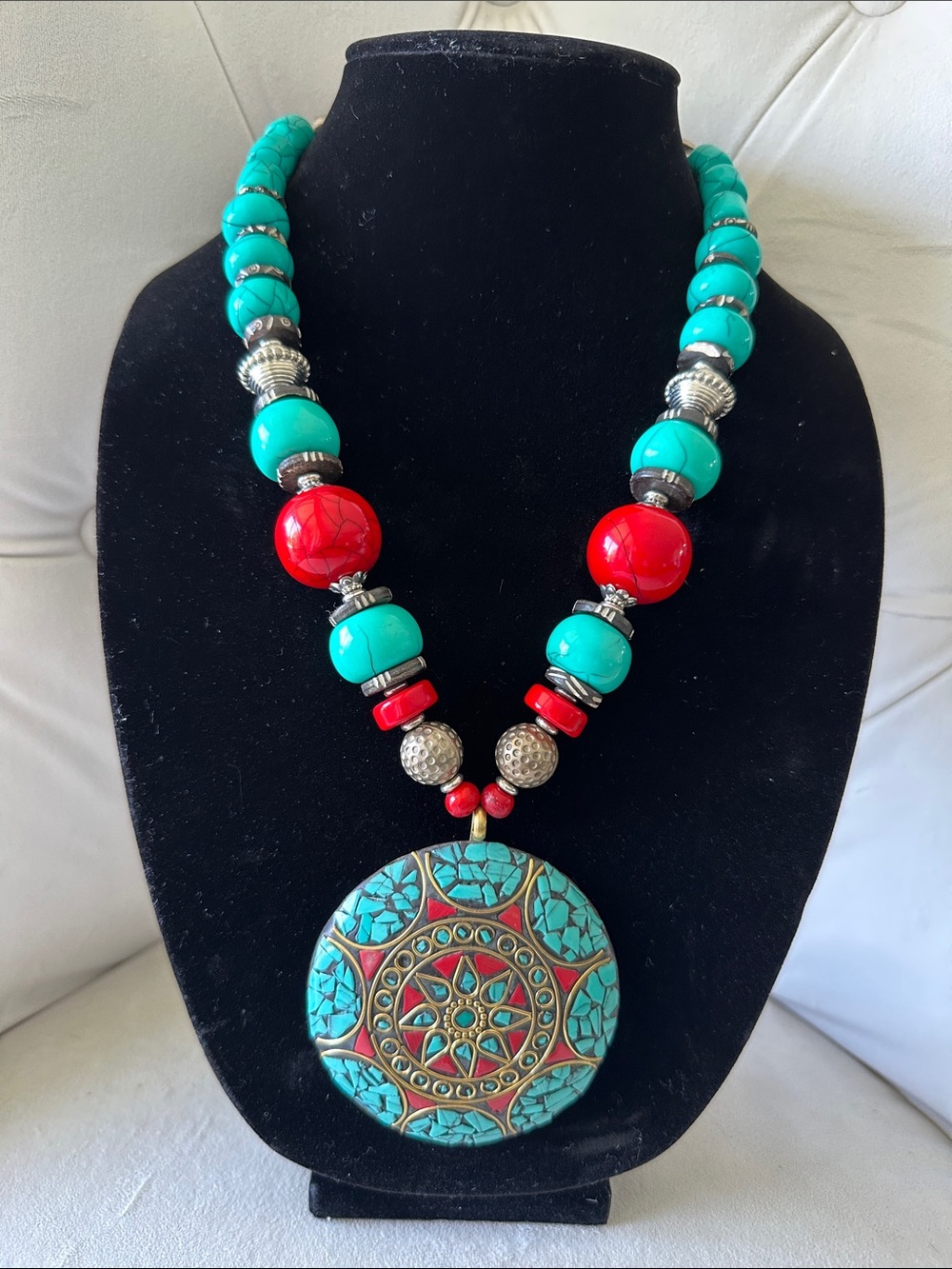 Turquoise and Red Bohemian Mosaic Pendant Necklace - Women Jewelry